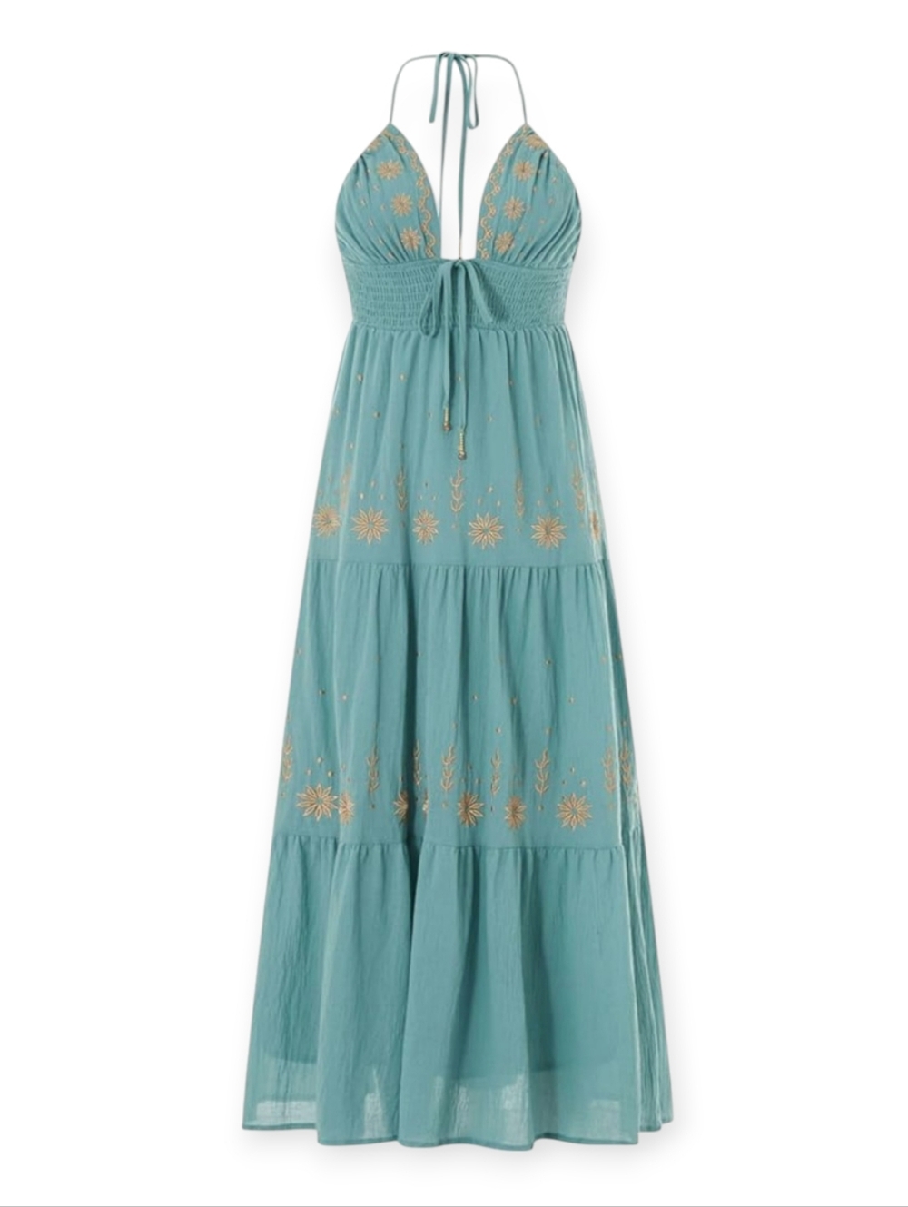 Boho Halter Maxi Dress Turquoise Blue with Gold Embroidery Small